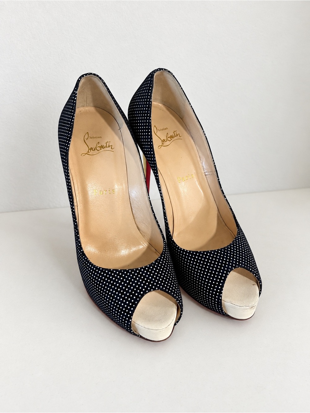 Christian Louboutin Navy Polka Dot Peep-Toe Pump with Cream Toe and Red Heel
